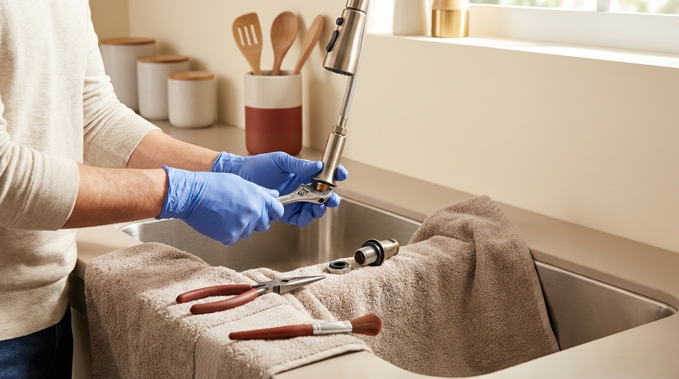 Homeowner removing Moen faucet wand over towel lined sink with wrench and brush nearby in a warm minimalist kitchen