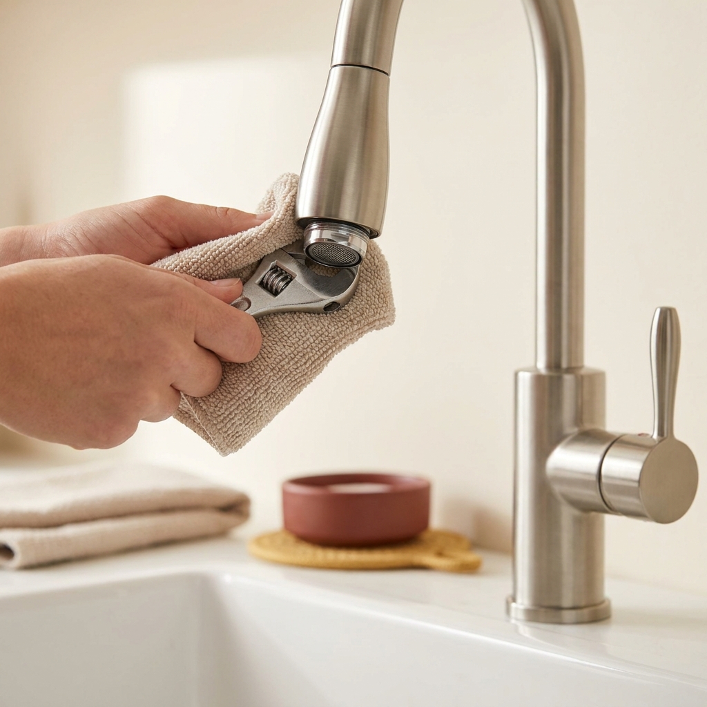 Close up of a hand removing an exposed aerator from a Moen kitchen faucet spout with a soft cloth wrapped around it