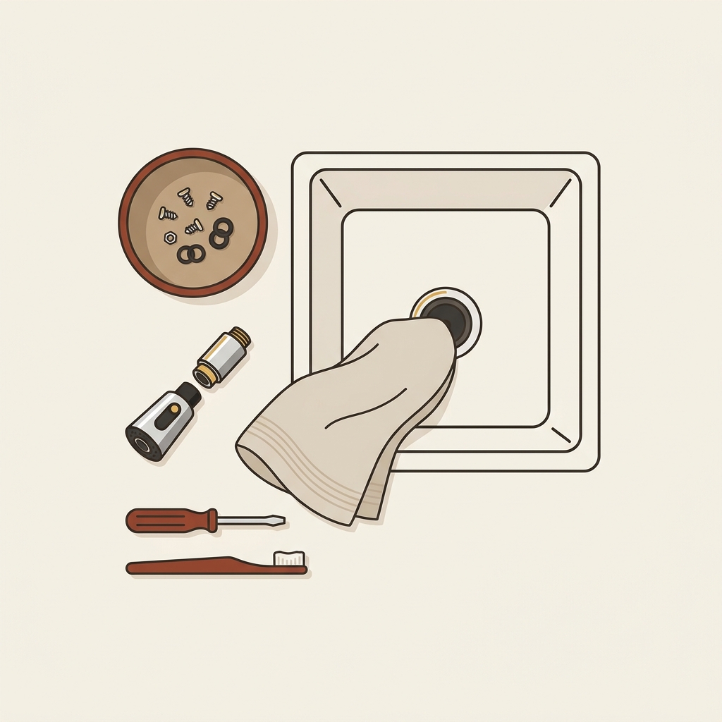Top down 2D vector of small faucet parts in a bowl next to a removed spray wand head with a towel protecting the drain