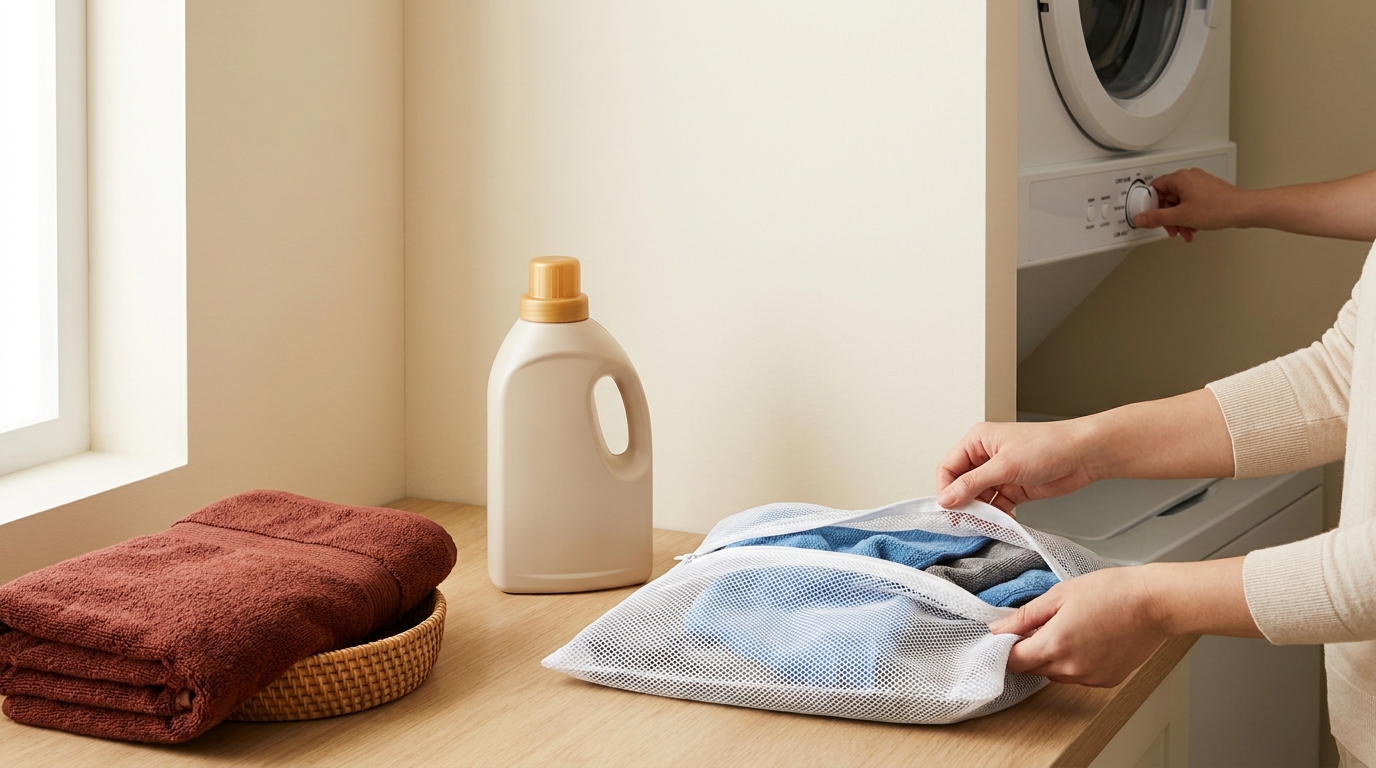 Full frame warm laundry scene with microfiber towels separated in a mesh bag, detergent bottle and dryer dial set to low heat