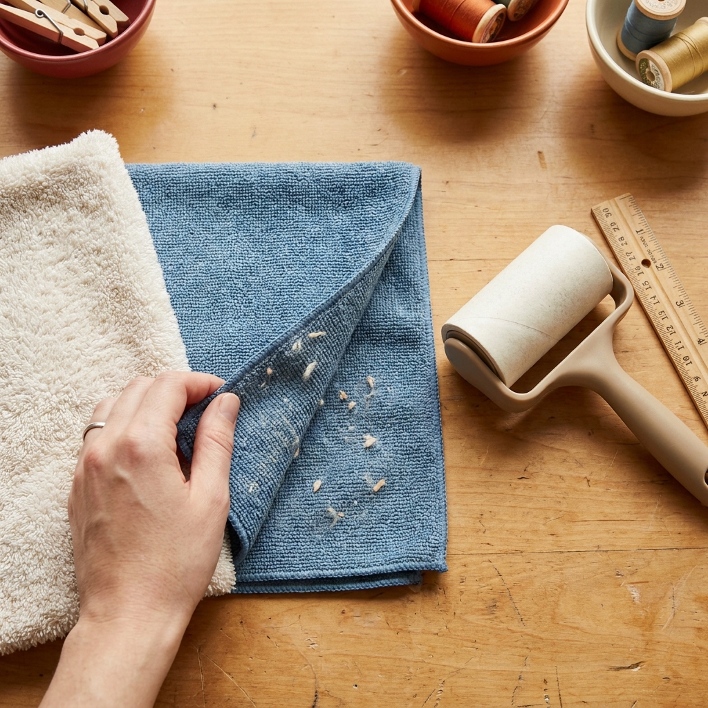 Close up of microfiber towel next to cotton towel on wooden workbench showing visible lint transfer under bright light