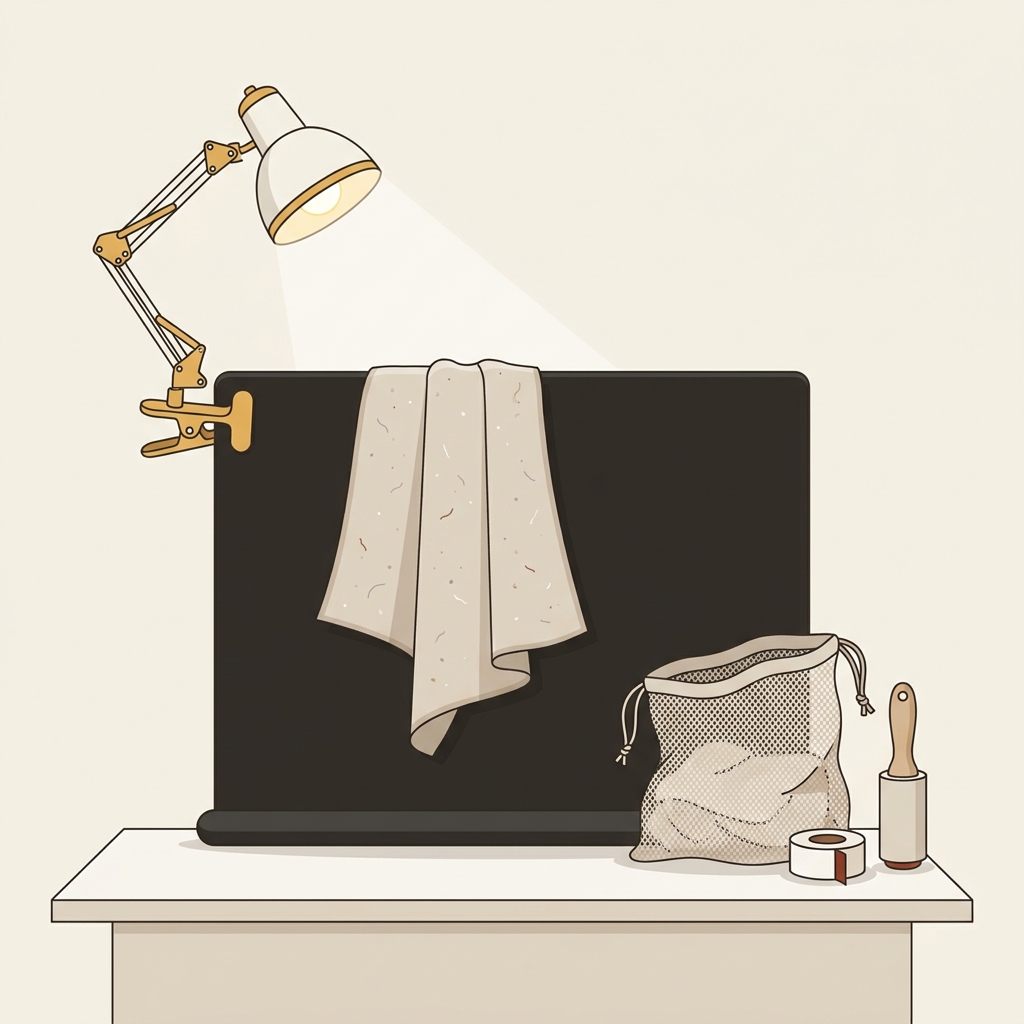 A lint test scene with a microfiber towel on a dark testing panel under a bright clamp light and a mesh laundry bag nearby