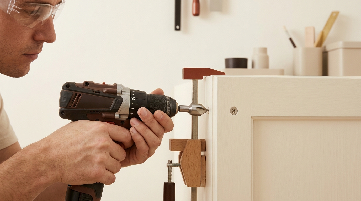 Homeowner drilling a countersink hole in a cabinet face with a countersink bit wearing safety glasses clamps secure the panel finished screw head visible