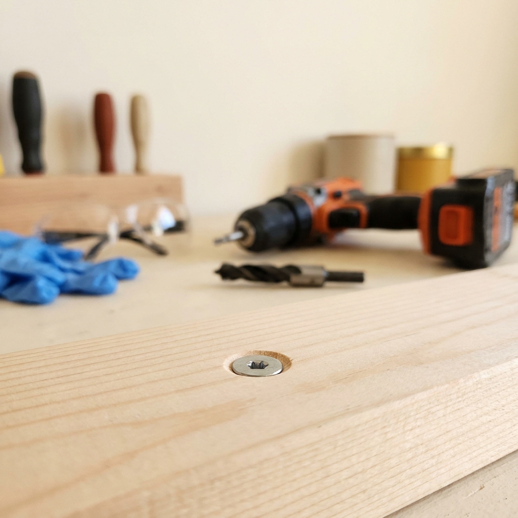 Close up of a countersunk screw sitting flush in a wooden panel with soft focus tools in the background and visible safety glasses and gloves in a warm tidy home workshop