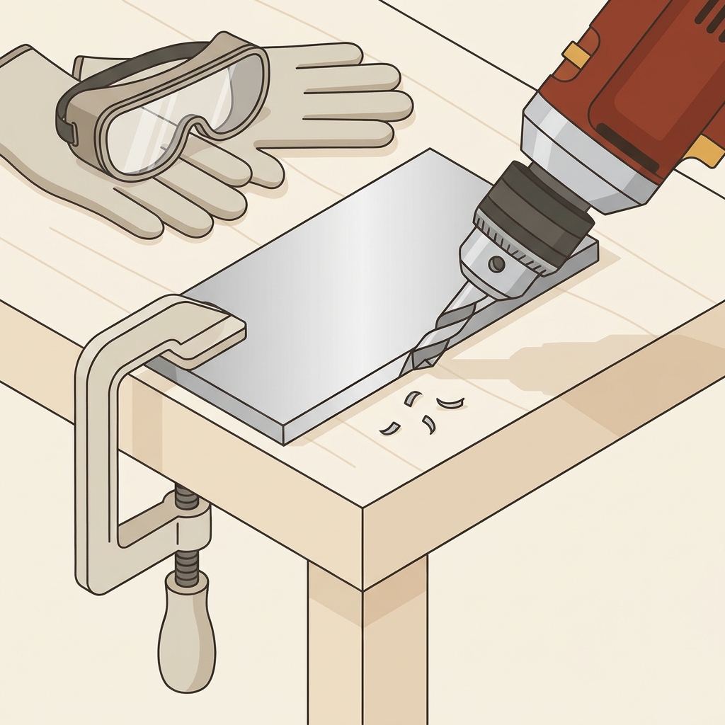 Close up 2D vector showing a countersink drill deburring a sheet metal edge leaving a clean chamfer with no burrs clamp and safety gloves nearby