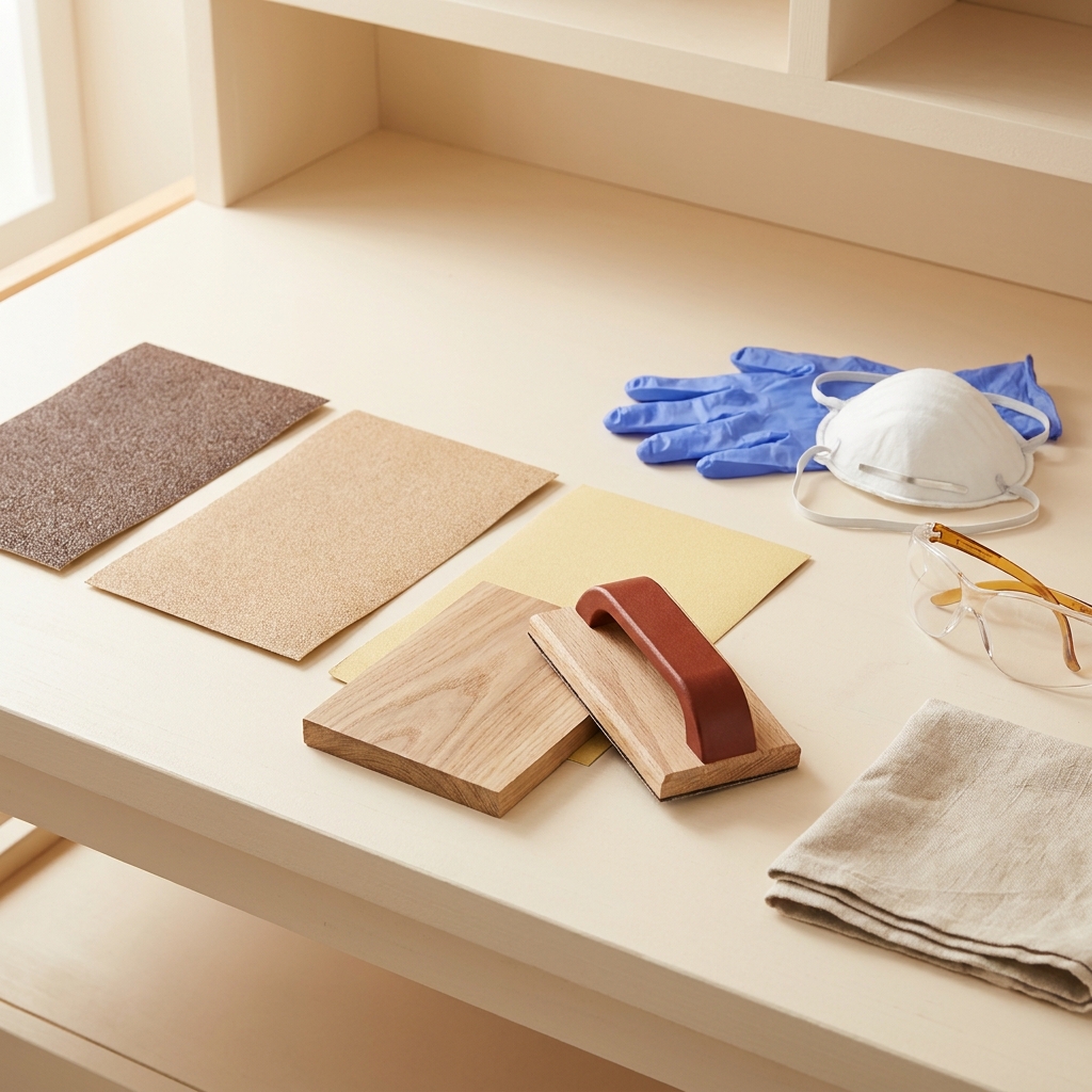 Close up of three sandpaper sheets arranged coarse to fine beside a sanding block and wood sample on a tidy workbench with gloves and a dust mask on a background natural wood tones