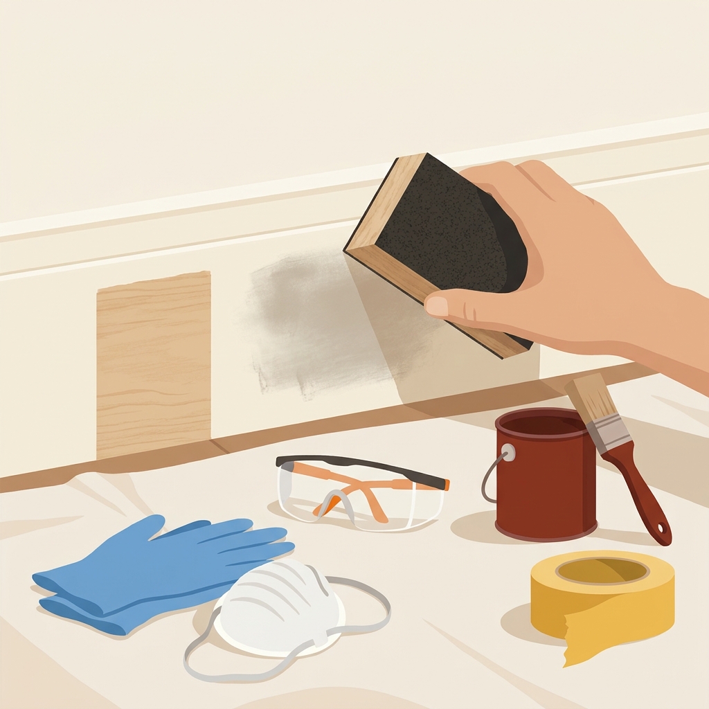 Scuff sanding painted wood trim with 220 grit sandpaper showing a small test patch of bare wood and nearby gloves dust mask safety goggles and brush