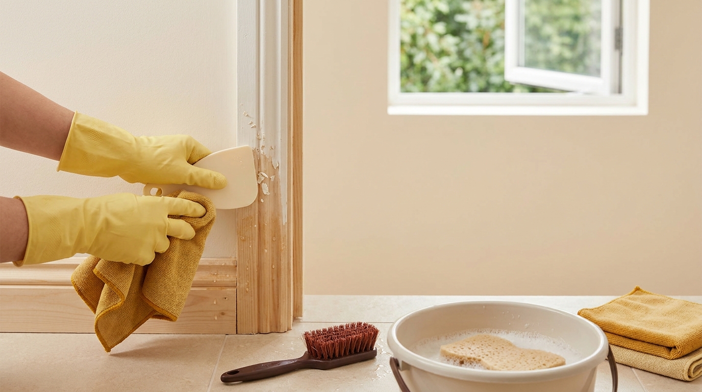 Homeowner showing what cleans off dried water based paint cleaning a door trim with soapy water cloths a plastic scraper and gloves in a warm minimalist interior
