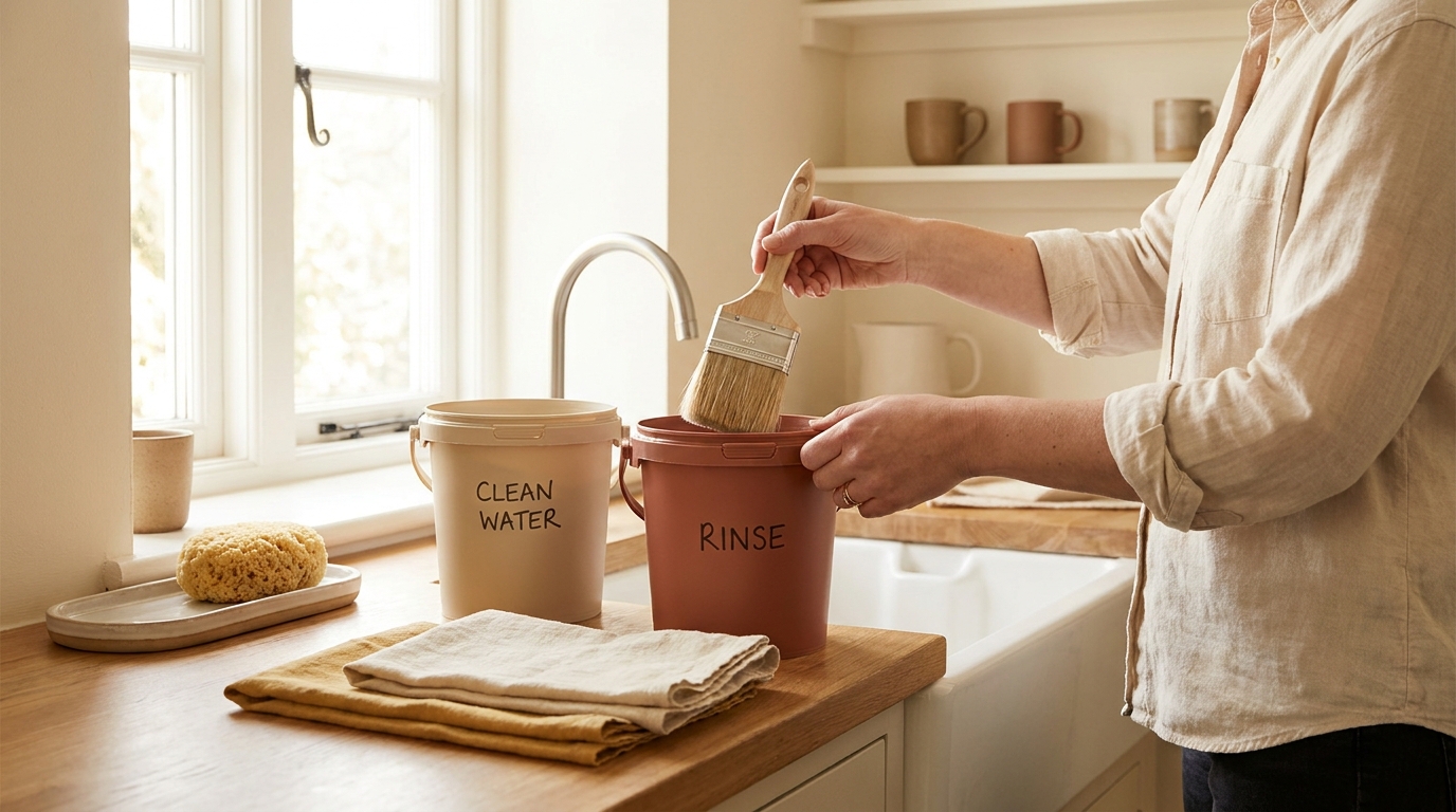 Homeowner rinsing a water based paint brush at a sink using two bucket method with no splashes