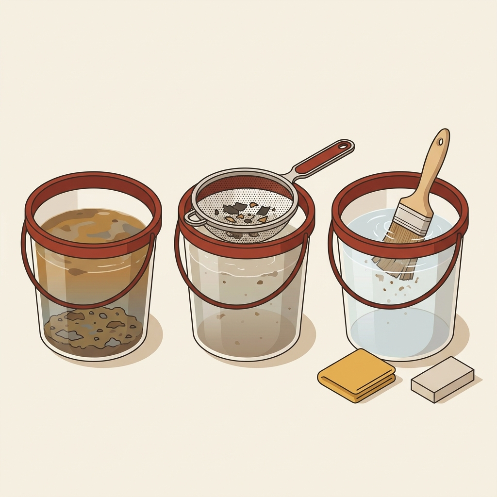 Three-bucket sequence with a strainer catching settled solids in the first bucket and a paint brush being rinsed