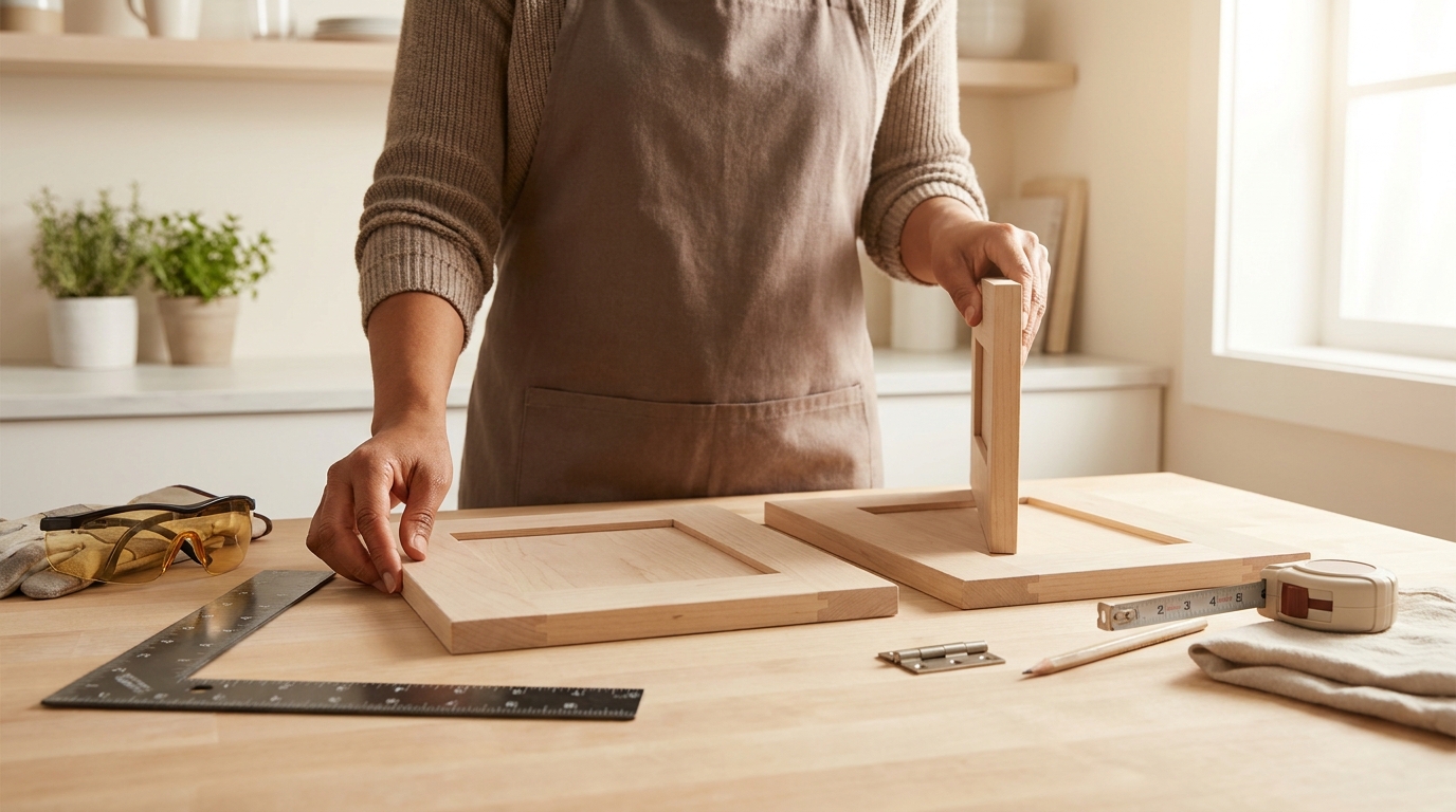 Homeowner compares an inset door sample and an overlay door sample on a workbench with measuring tape and carpenter square in a warm kitchen setting