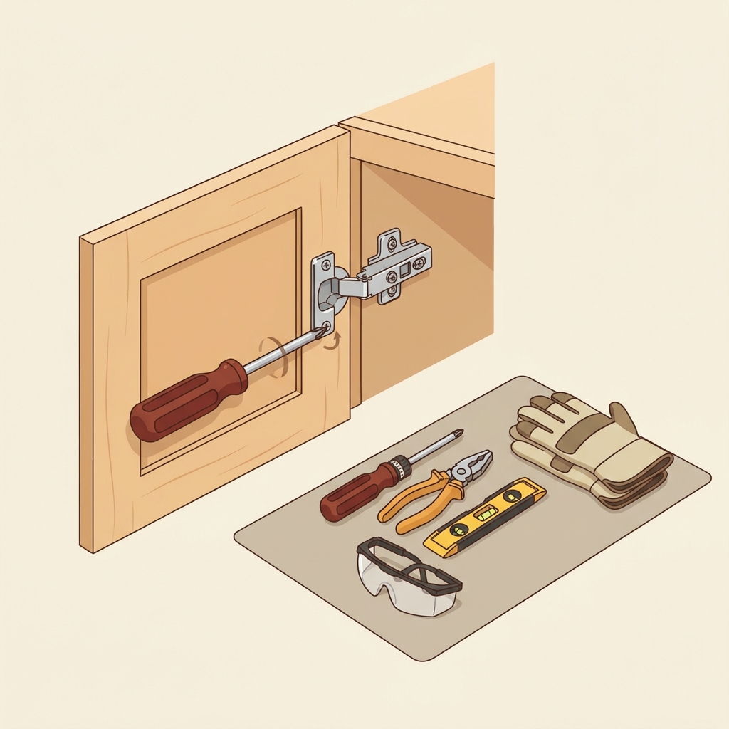 Minimalist 2D vector showing an overlay door hinge adjustment with a screwdriver engaged tools and safety glasses nearby on a warm background