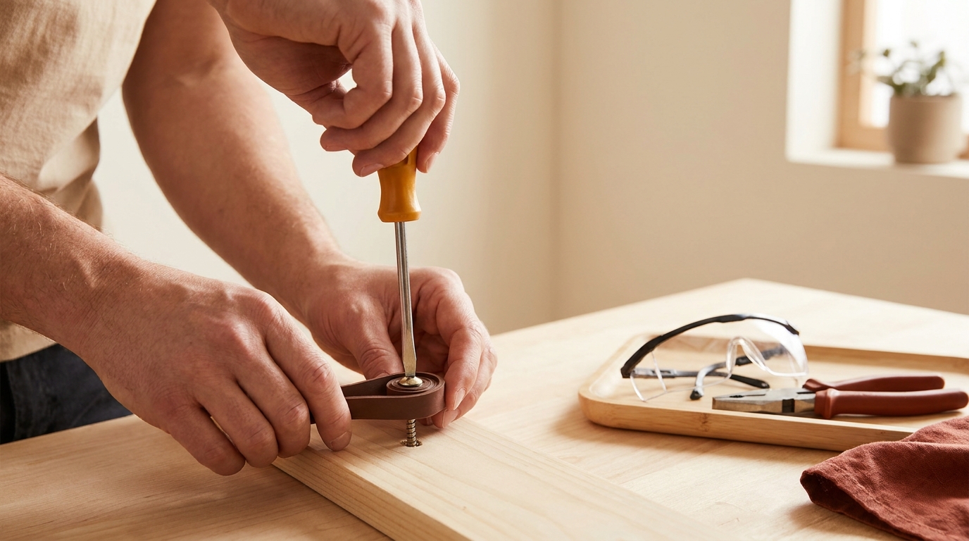 Homeowner using a rubber band and flathead screwdriver to extract a rounded screw from a wooden panel with safety glasses and pliers on the bench