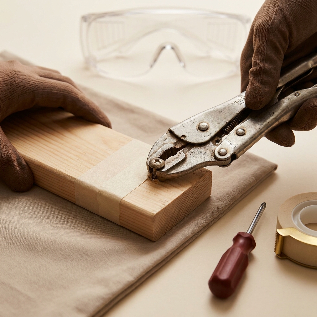 Close up of locking pliers gripping a protruding rounded screw head in wood with masking tape protecting surrounding finish