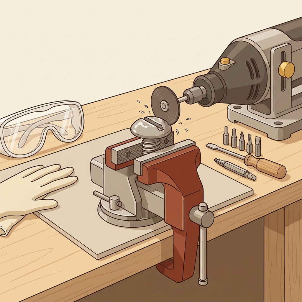 Vector illustration showing a rotary tool secured in a bench holder cutting a shallow slot into a rounded screw head clamped in a vise with protective padding and safety goggles nearby