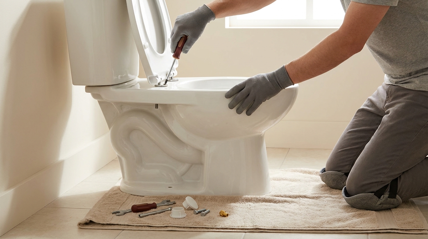 Person kneeling beside toilet tightening a loose seat with a screwdriver hinge caps removed bolts exposed tools on a towel warm minimalist bathroom