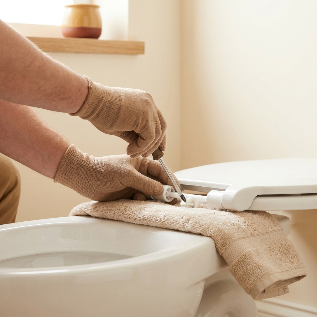 Close up of a hand using a Phillips screwdriver to tighten a top access toilet hinge plastic bolt fastener on a white toilet