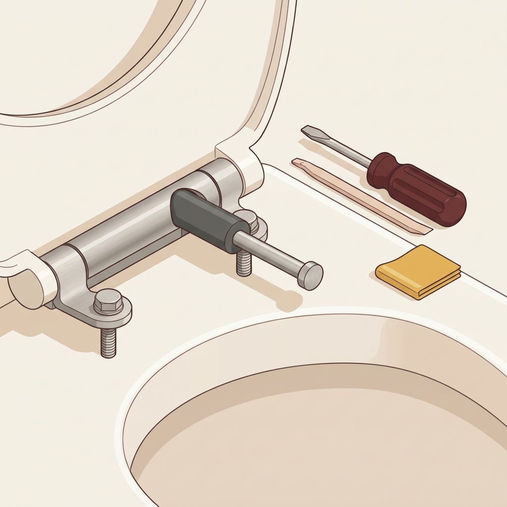 A soft close toilet hinge with piston exposed beside a small pry tool and screwdriver on a pale background
