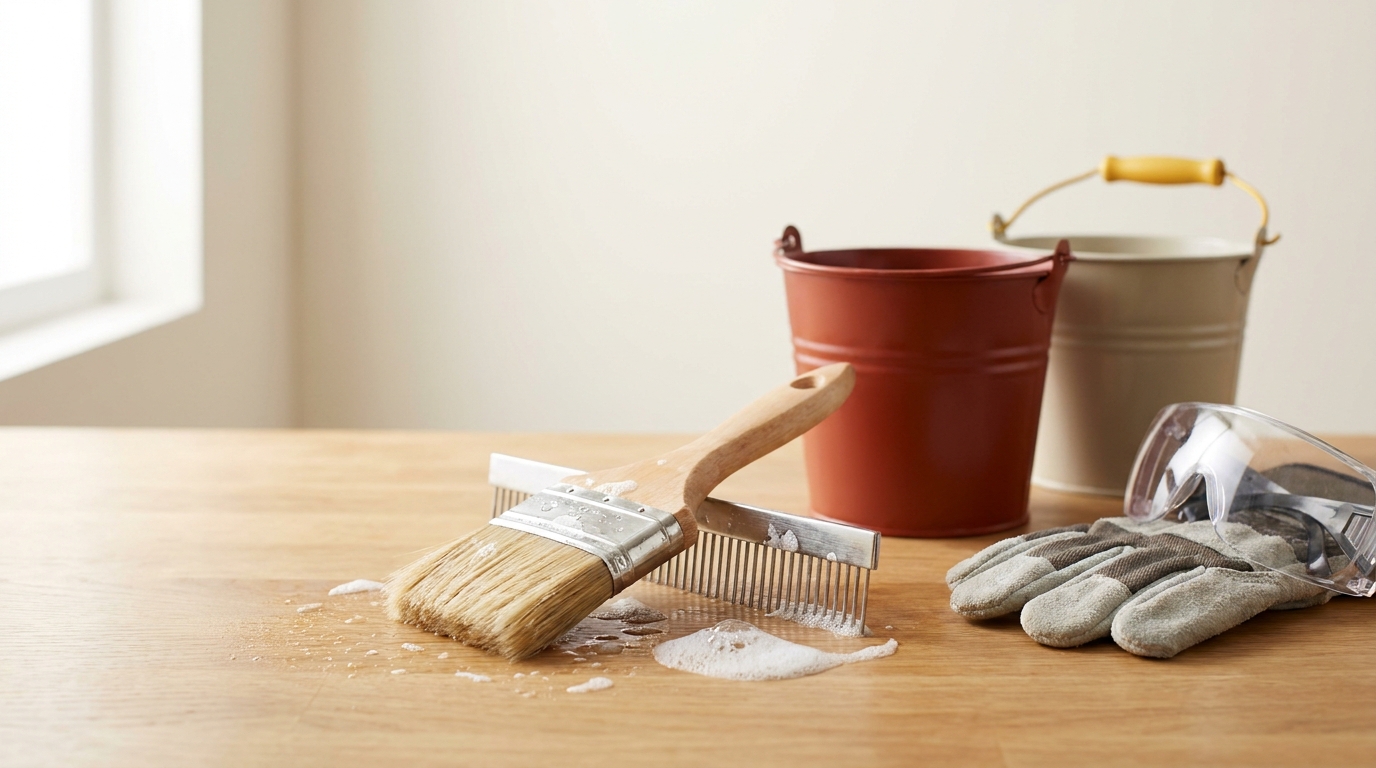 Photo of a clean paint brush two buckets a brush comb and gloves on a wooden workbench under natural light