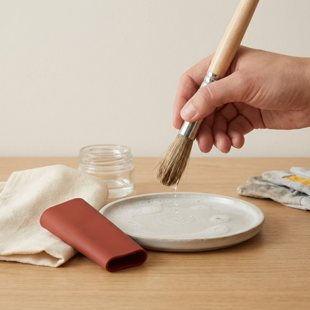 Close up of a hand reshaping a damp paint brush tip over a tray of soapy water with a protective sleeve nearby