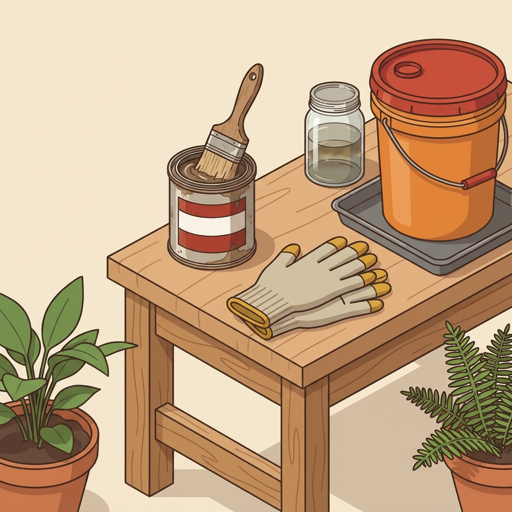 Minimalist 2D vector outdoor workshop scene showing solvent cans gloves and a used paintbrush being agitated in a can beside a disposal bucket and ventilation plants