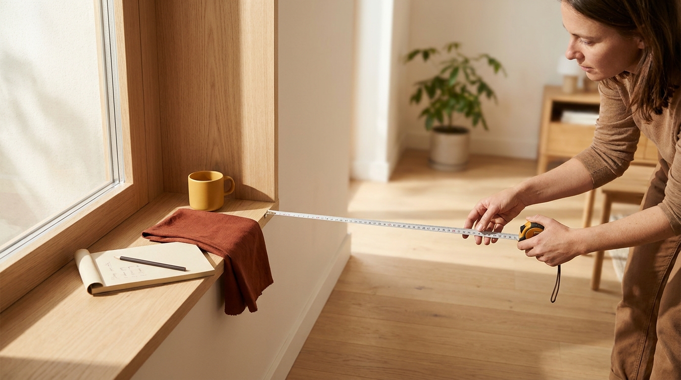 Homeowner measuring a window recess with a steel tape pencil and paper on a sunny morning in a minimalist room