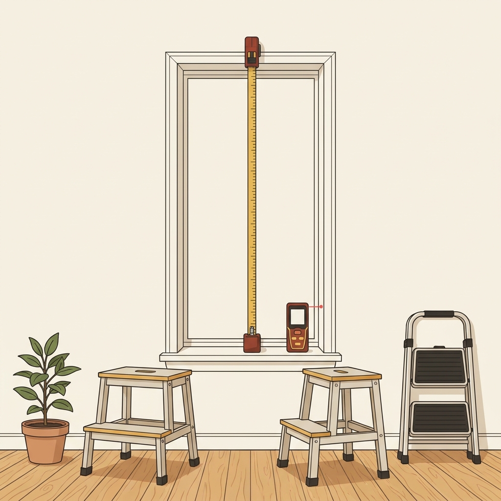 Overhead 2D vector illustration of measuring a tall internal window for blinds with two step stools one at each side a vertical tape measure clipped at the headrail and a weight at the bottom