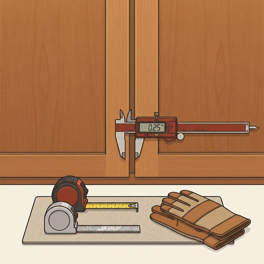 Two cabinet doors meeting on a shared stile showing a half overlay with a clear reveal and a caliper ruler and tape measure nearby on a Home by Doing palette