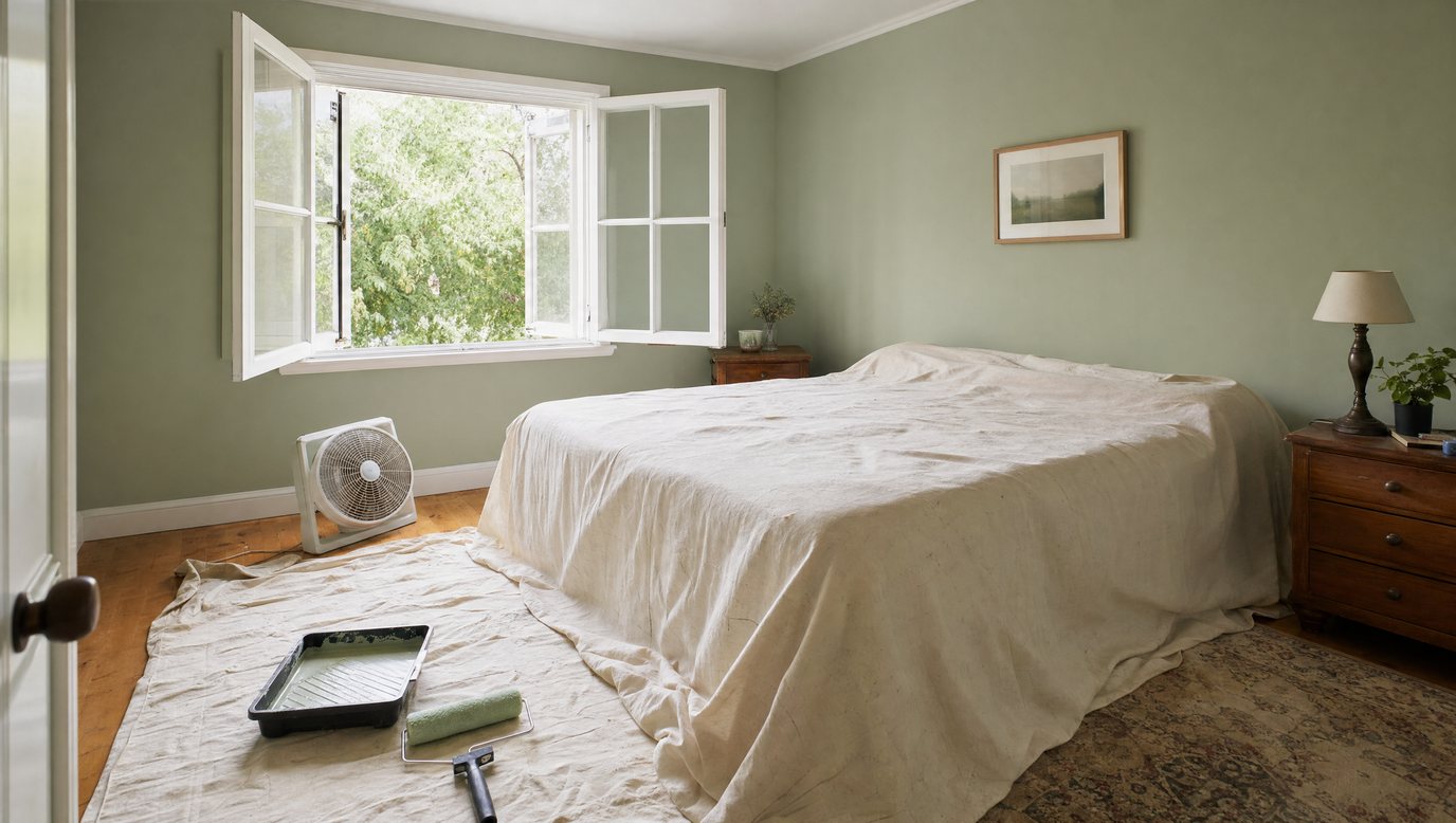 A freshly painted sage green bedroom with the windows open, a fan running and a paint tray on a drop cloth by the bed