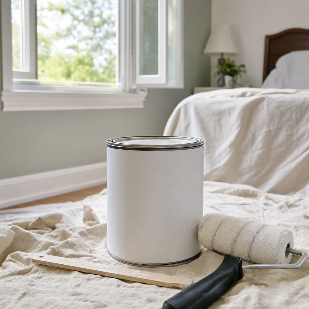 A closed paint can on a drop cloth beside a stirring stick and roller with an open bedroom window in the background